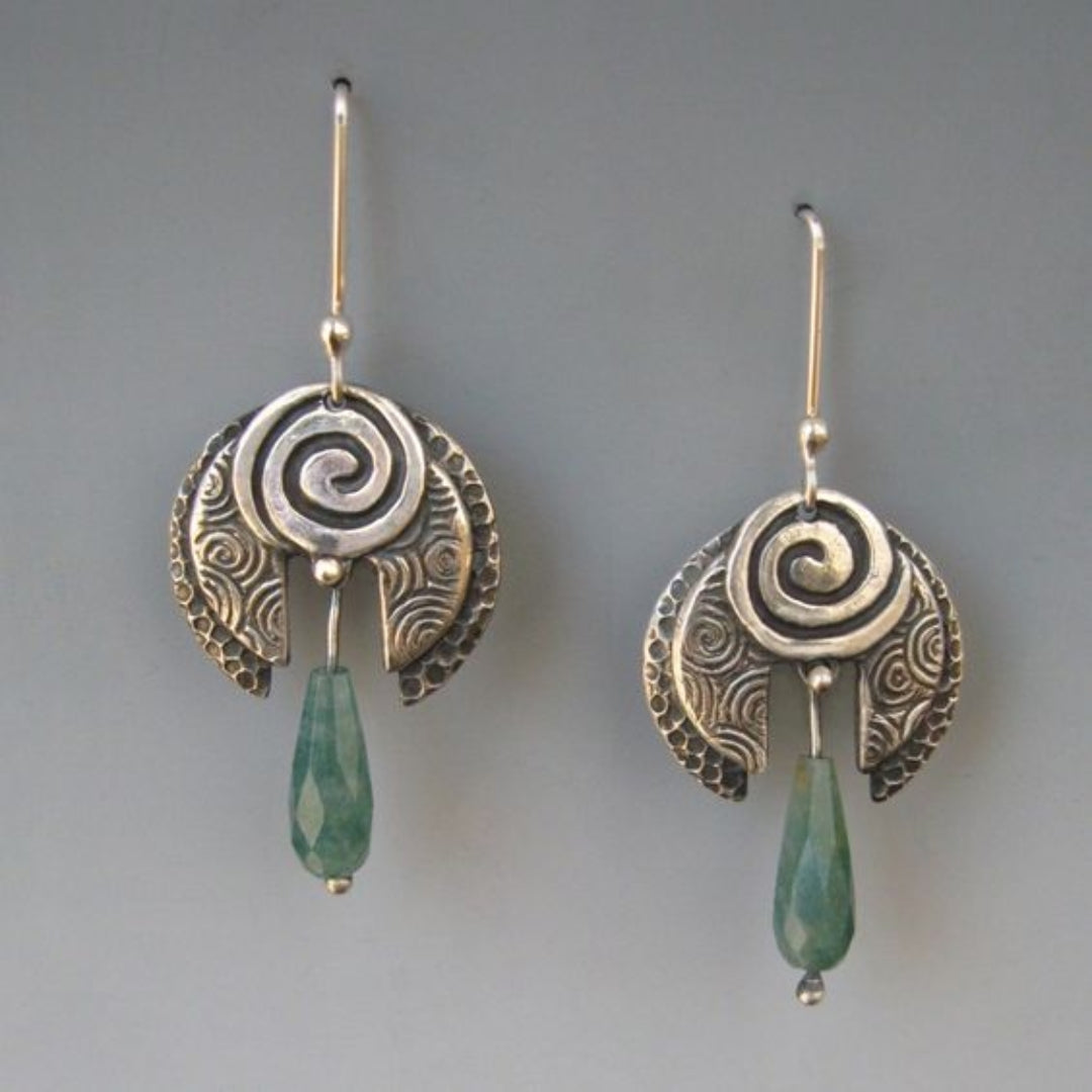 Dangling Green Stone Silver Earrings