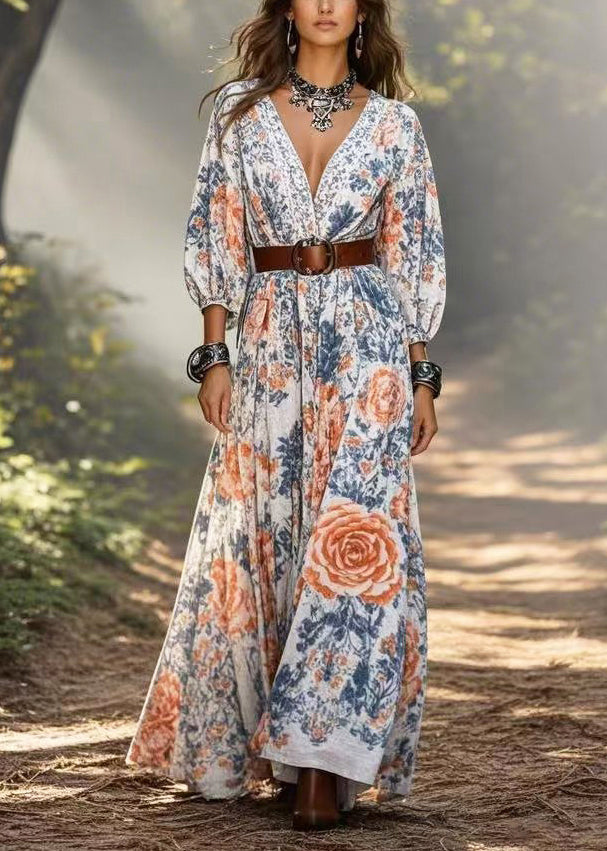 V Neck Print Cotton Tunic Dresses Bracelet Sleeve