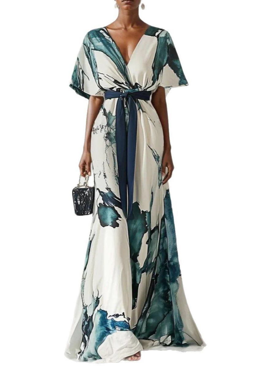 Classy V Neck Print Tie Waist Chiffon Dress Summer