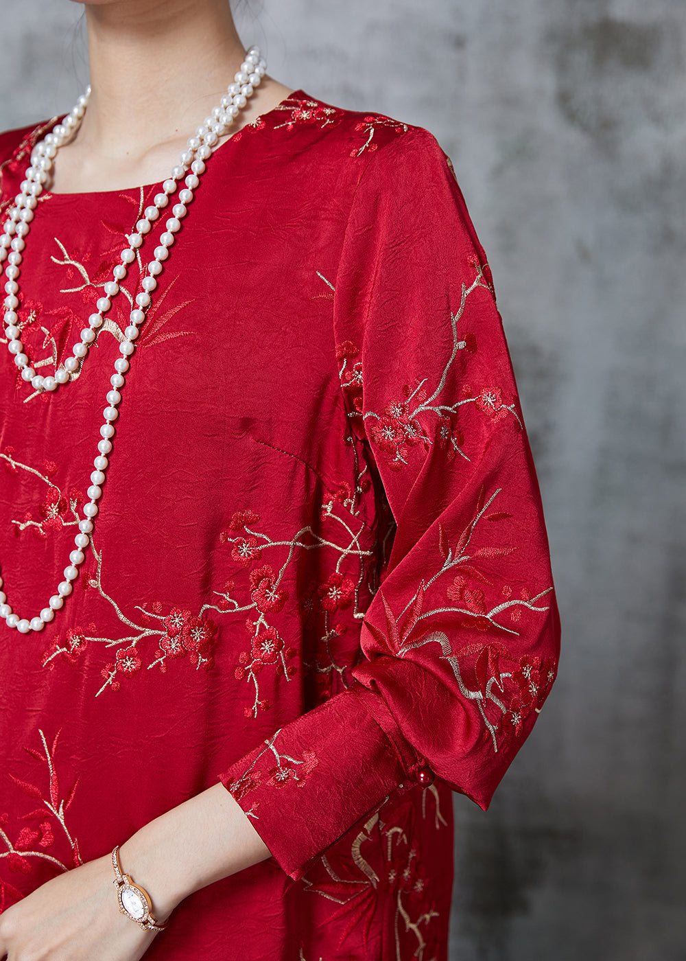 Red Embroidered Silk Blouses Fall