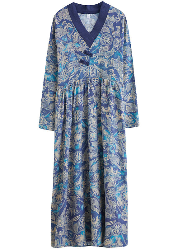 Style Blue Wrinkled V Neck Exra Large Hem Cotton Long Dresses Long Sleeve