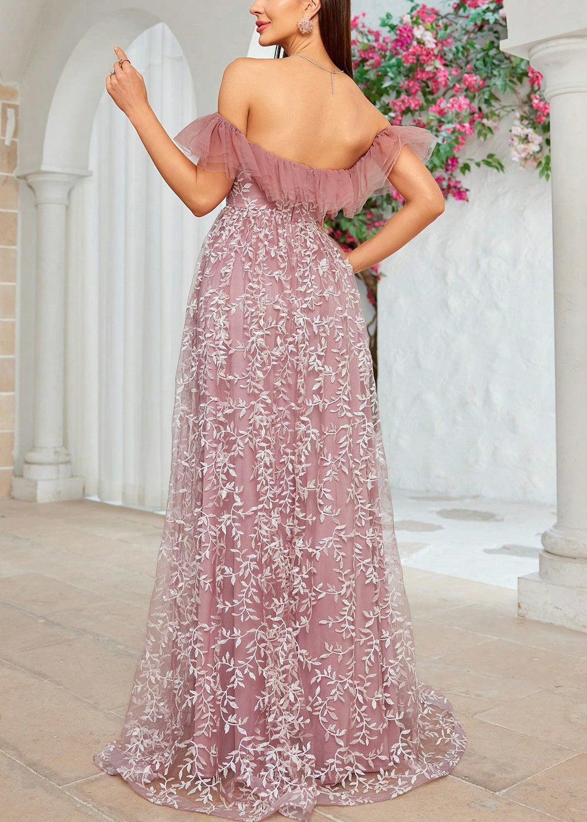 Slash Neck Embroidery High Waist Tulle Maxi Dresses Summer