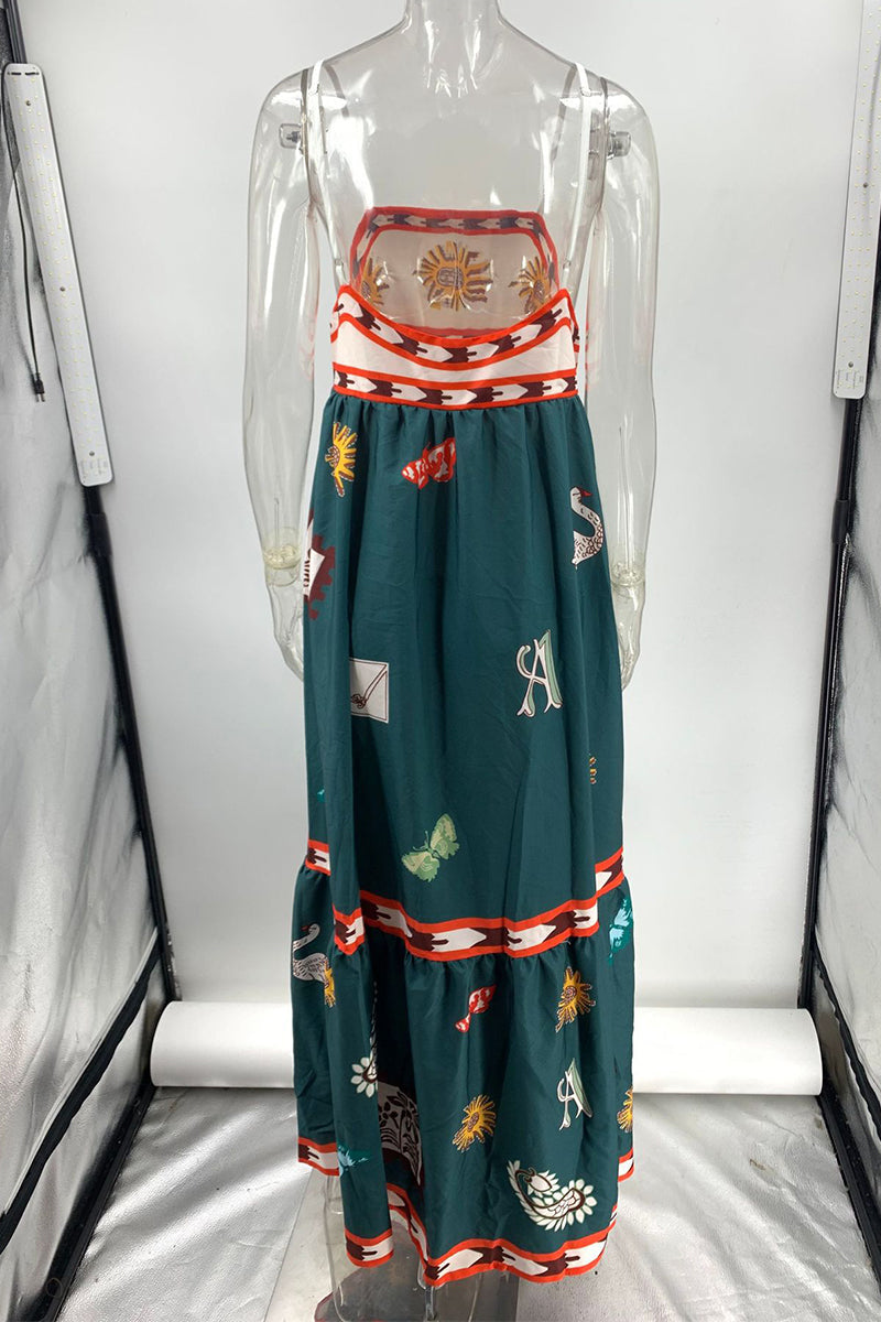 Vacation Graffiti Print Patchwork Square Neck Sling Dresses