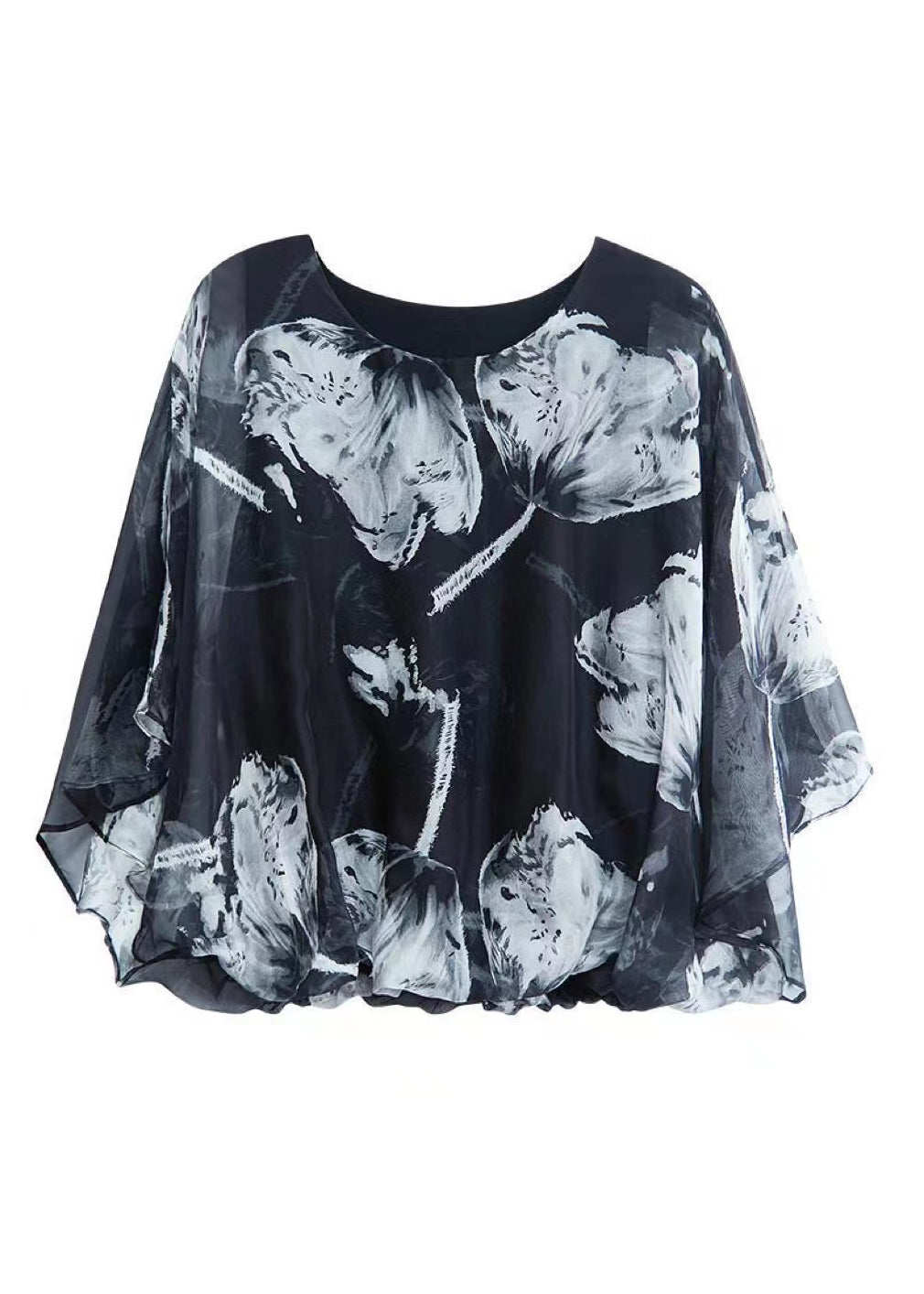 French Black O Neck Print Chiffon Top Summer