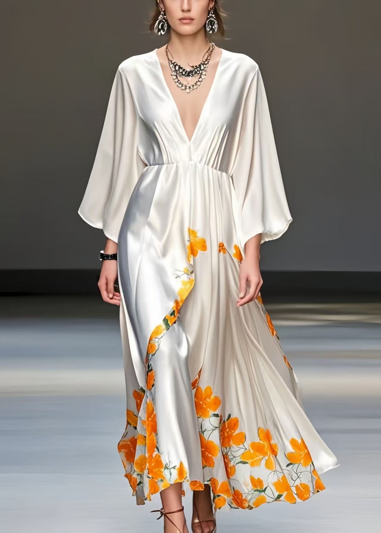 White Print Draping Silk Vacation Dresses V Neck Spring