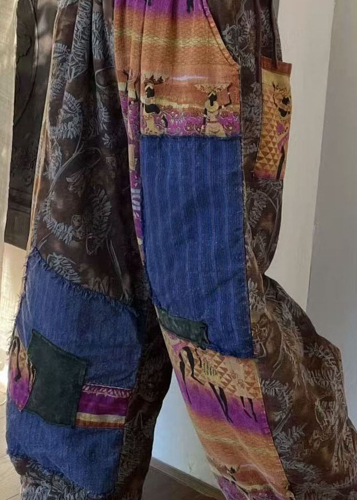 Colorblock Pockets Patchwork Fine Cotton Filled Pants Winter