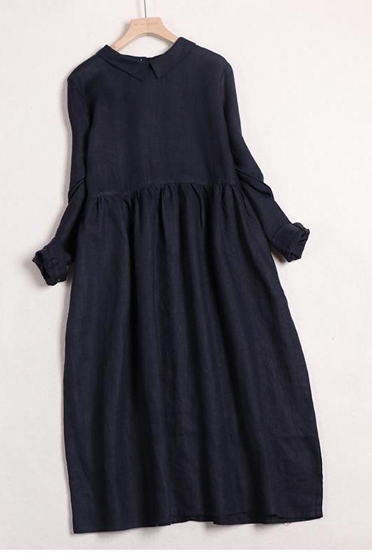 Linen Color Doll Collar Long Sleeves Dress