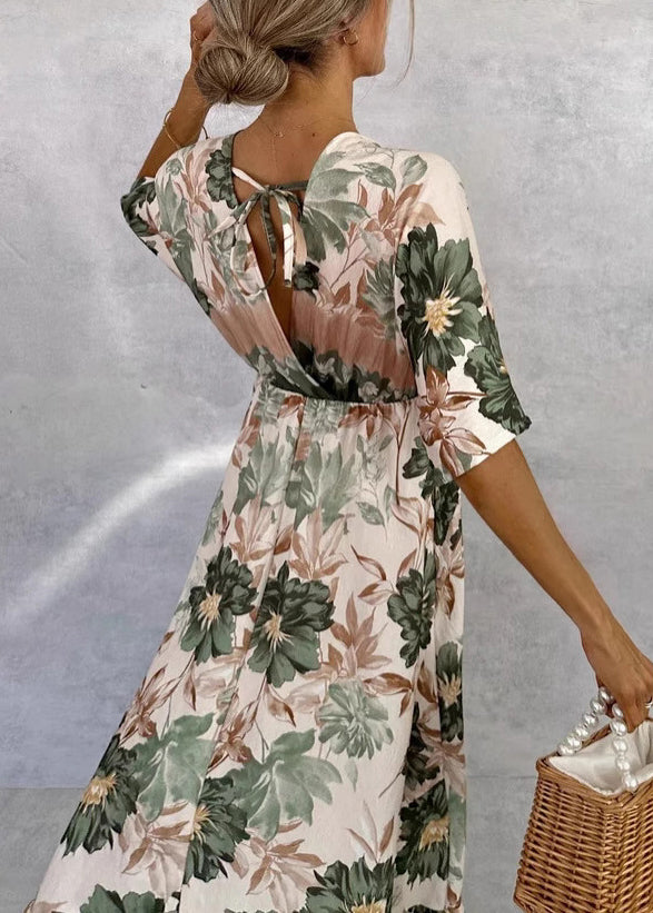 Green V Neck Print Cotton Maxi Dresses Butterfly Sleeve