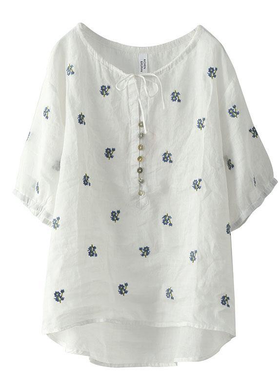 Simple White Embroidered O-neck Summer Ramie Tops Half Sleeve