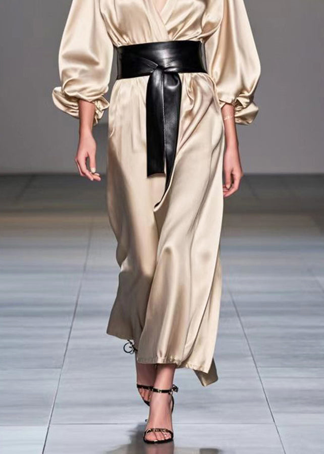 Champagne V Neck Cinched Silk Holiday Dress Fall