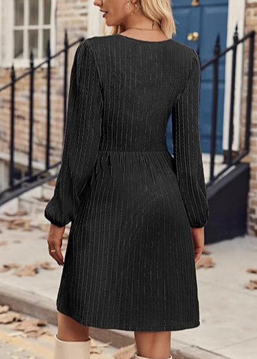 Style Black O Neck Pockets Cotton Mid Dresses Long Sleeve