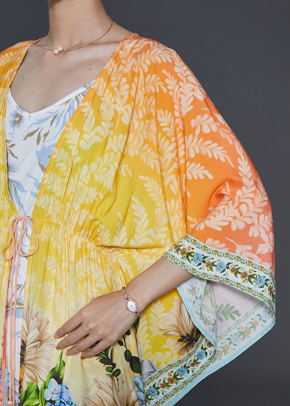 Yellow Tie Waist Print Chiffon Beach Dresses Fall