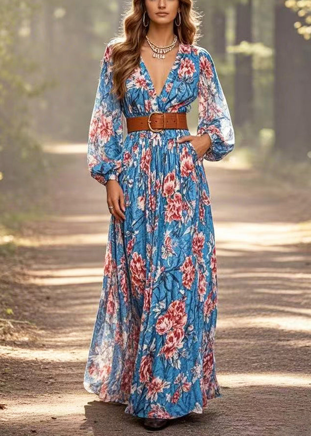 Art Blue Cinched Cotton Ankle Dress Spring