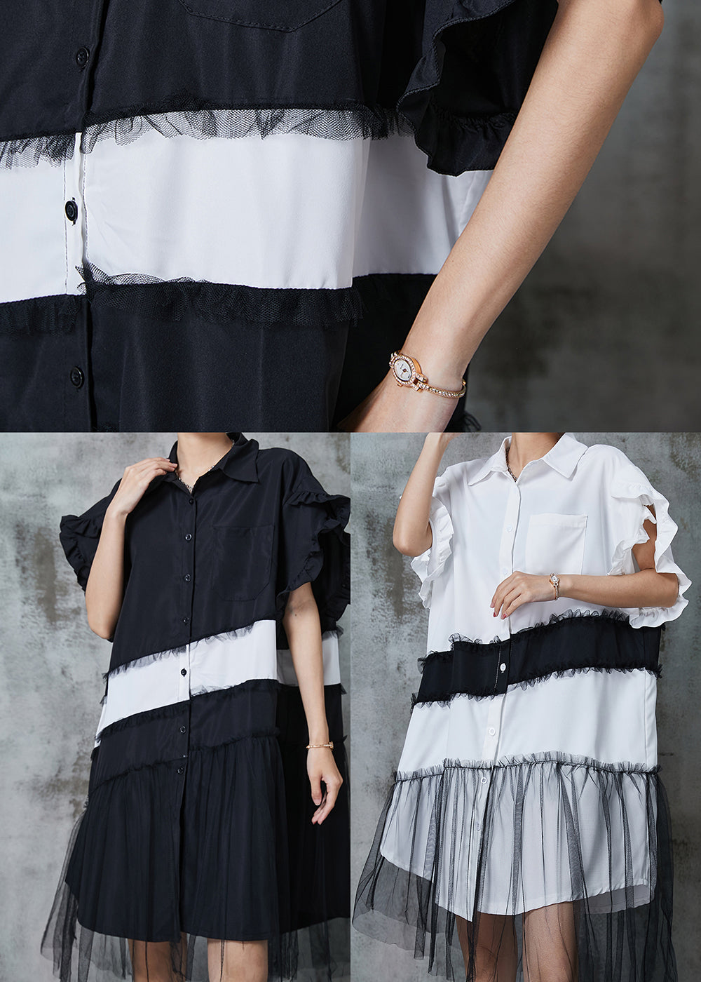 Black Oversized Patchwork Cotton Dress Petal Sleeve