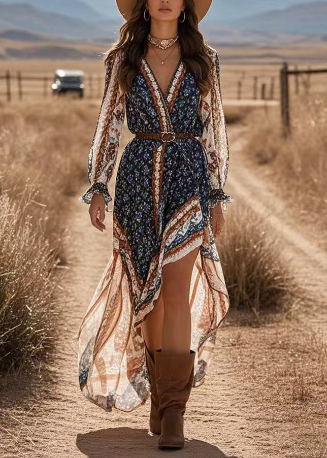 Blue V Neck Print Asymmetrical Chiffon Holiday Maxi Dress Spring
