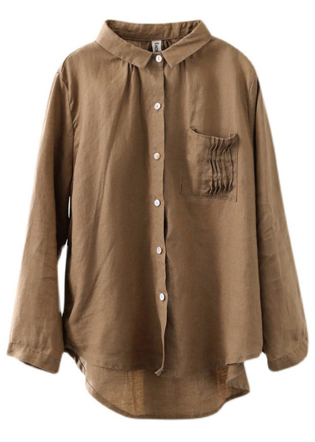 Pink Peter Pan Collar Patchwork Button Low High Design Linen Shirt Long Sleeve