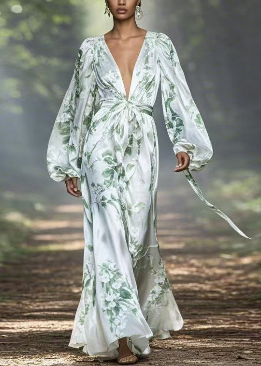 V Neck Print Silk Maxi Dress Spring