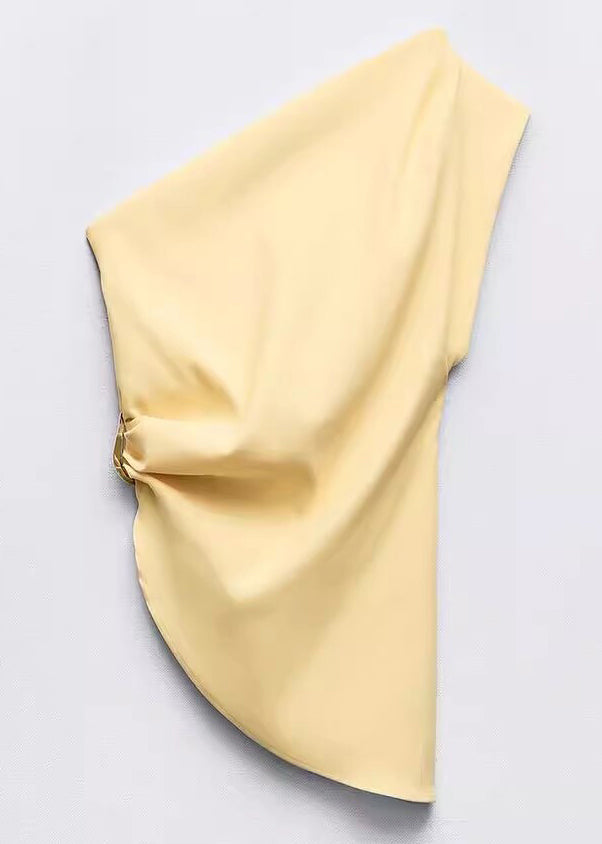 Slim Fit Yellow Asymmetrical Cold Shoulder Cotton Vest Sleeveless