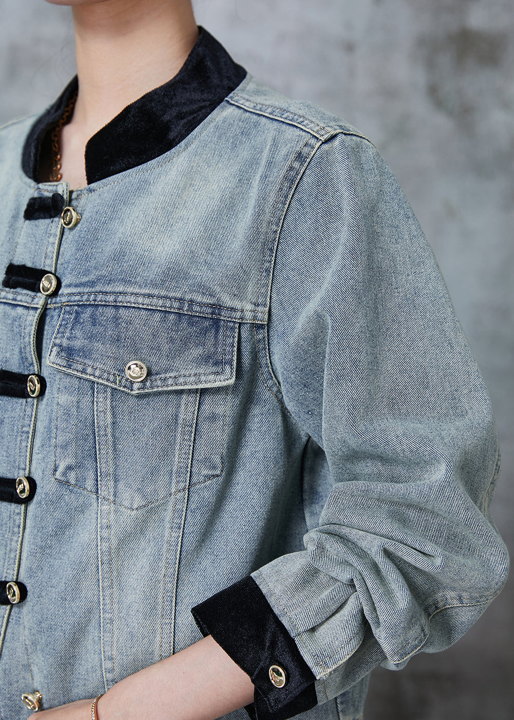 Blue Grey Mandarin Collar Patchwork Chinese Button Denim Coat Fall