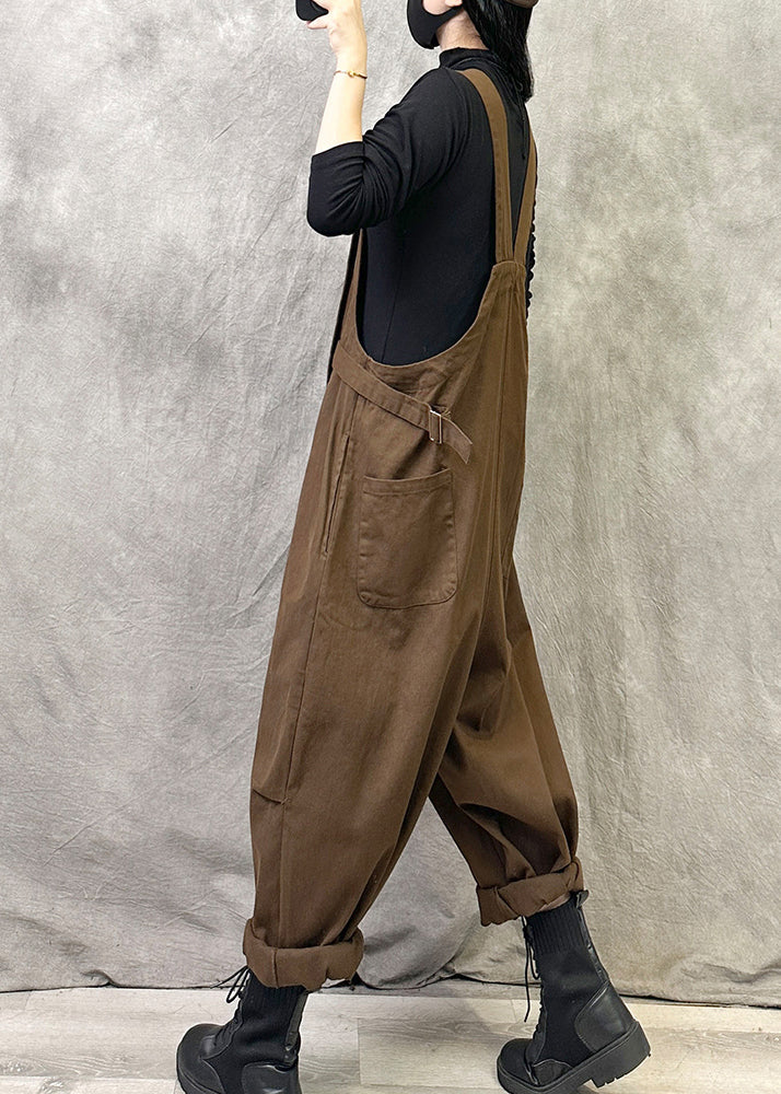 Coffee Pockets Patchwork Cotton Strap Pants Summer