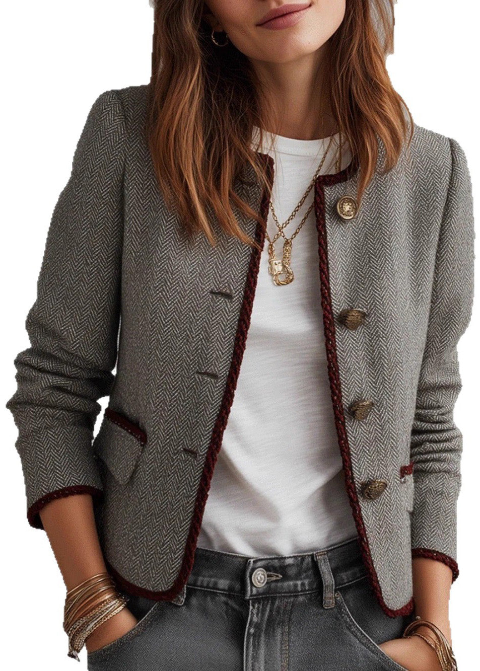 Grey O Neck Button Cotton Short Coat Fall
