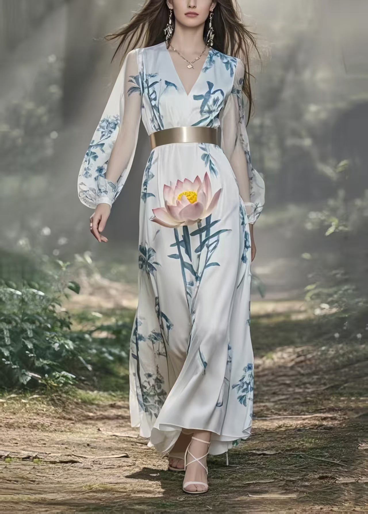 White Cinched Lotus Print Silk Holiday Dress Spring