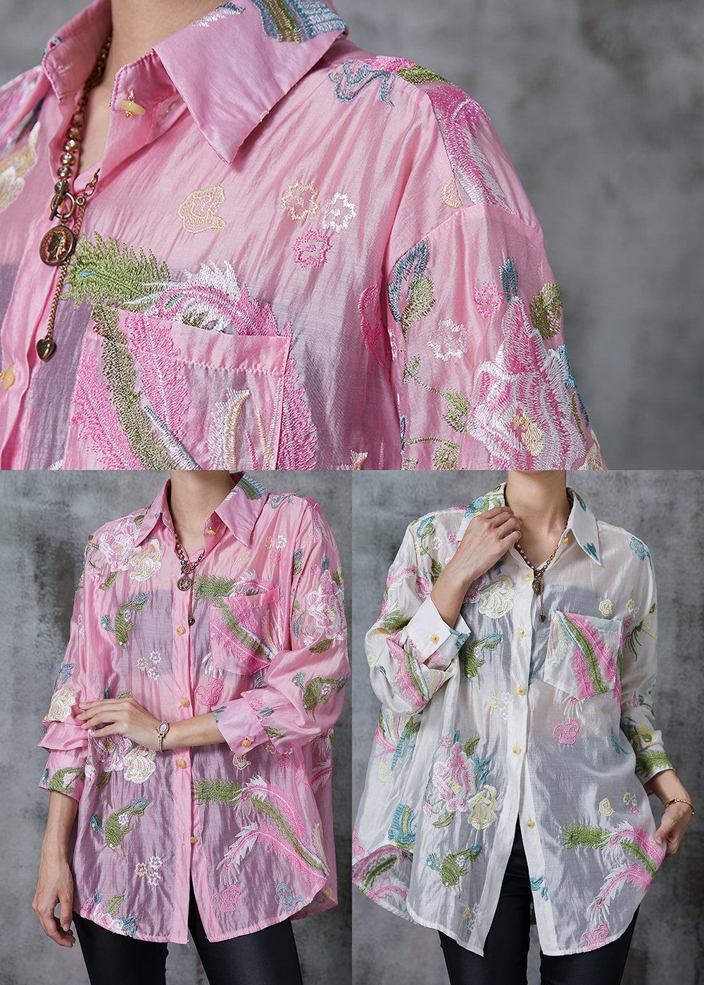 Style Pink Embroidered Linen Silk Upf 50+ Top Summer