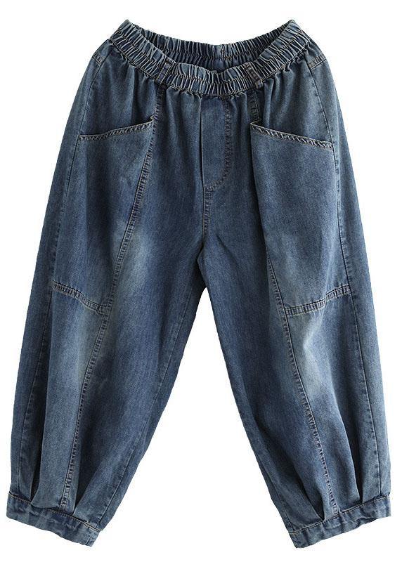 Italian Blue Pockets Elastic Waist Harem Pants Denim
