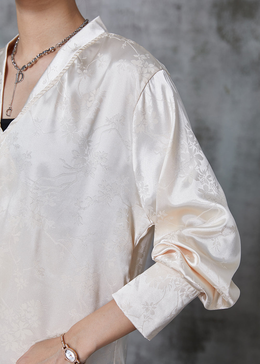 Champagne Jacquard Asymmetrical Design Silk Shirt Tops Fall