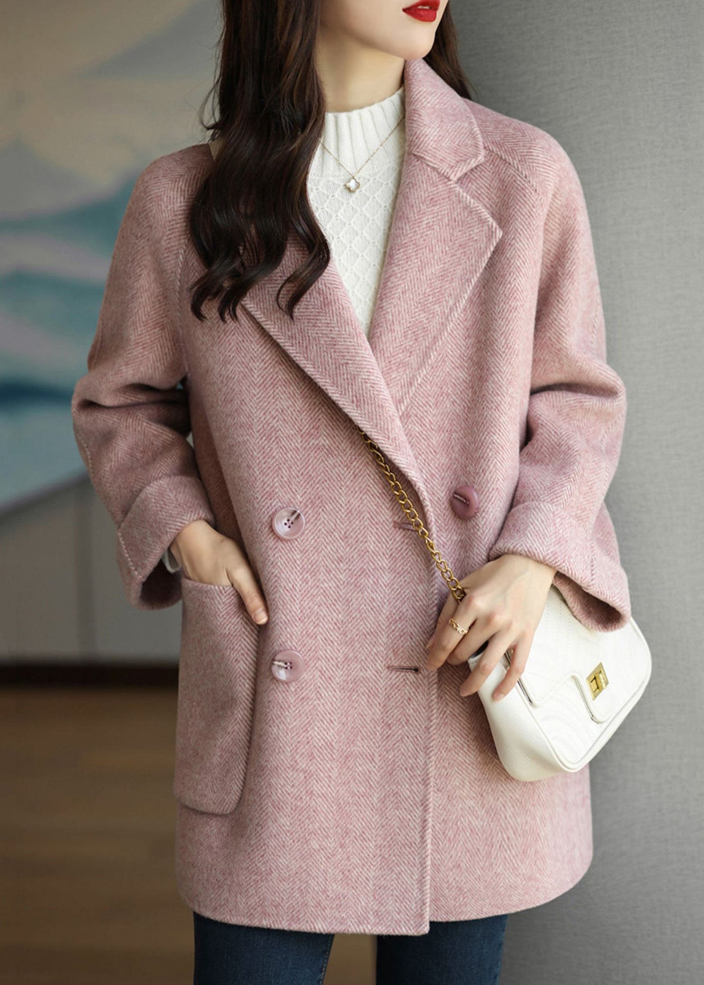 Pink Peter Pan Collar Double Breast Pockets Woolen Coat Winter