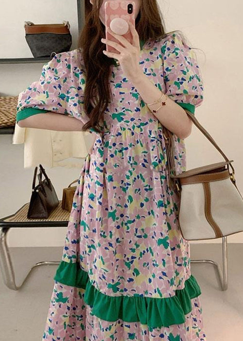 Pink Print Patchwork Cotton Long Dress Summer