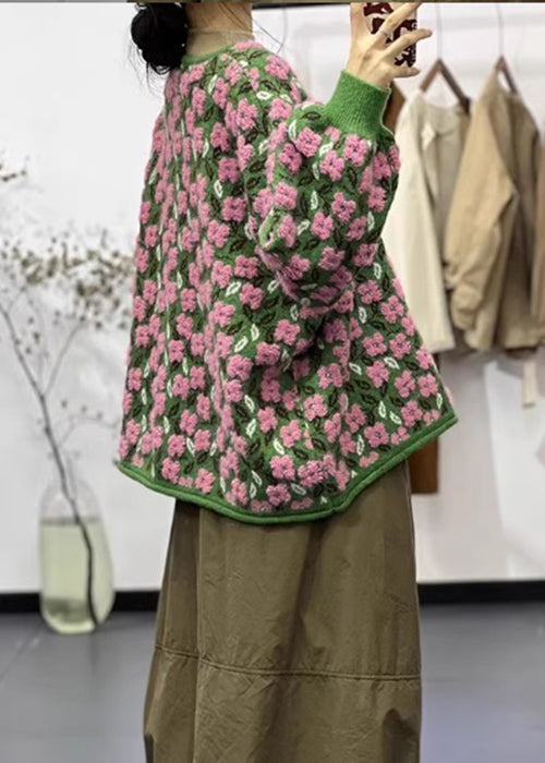 Pink O Neck Button Patchwork Cotton Knit Coats Long Sleeve