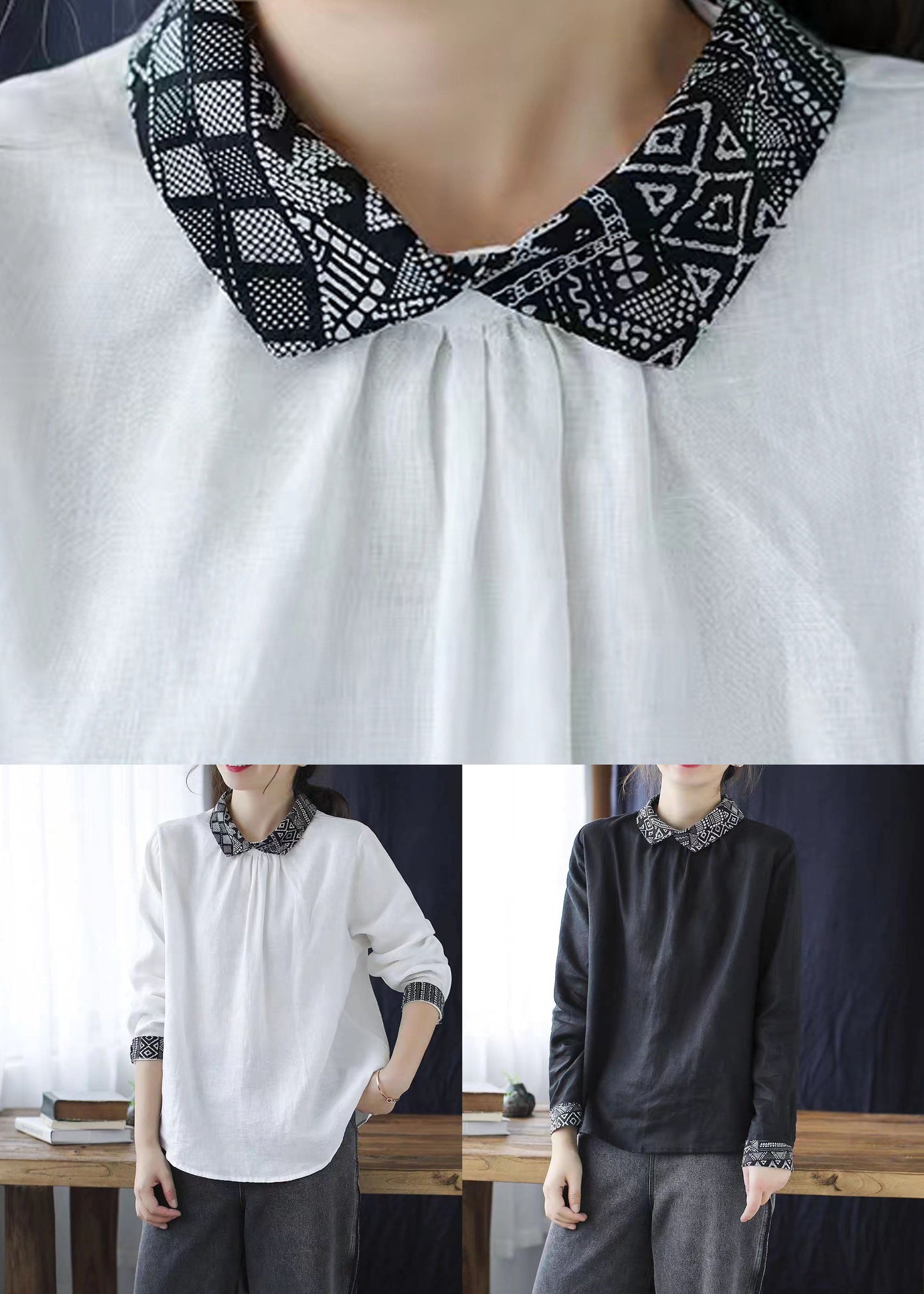 White Peter Pan Collar Patchwork Linen Blouse Tops Spring