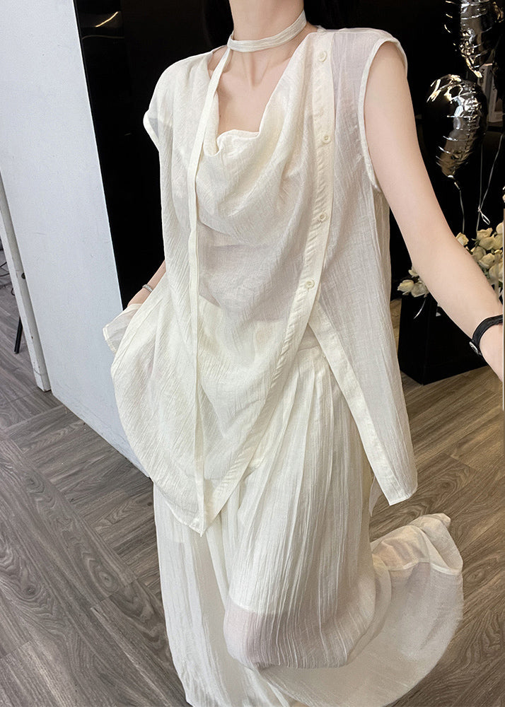 Loose Apricot V Neck Button Top and Wide Leg Pants Two Pieces Set Short Sleeve