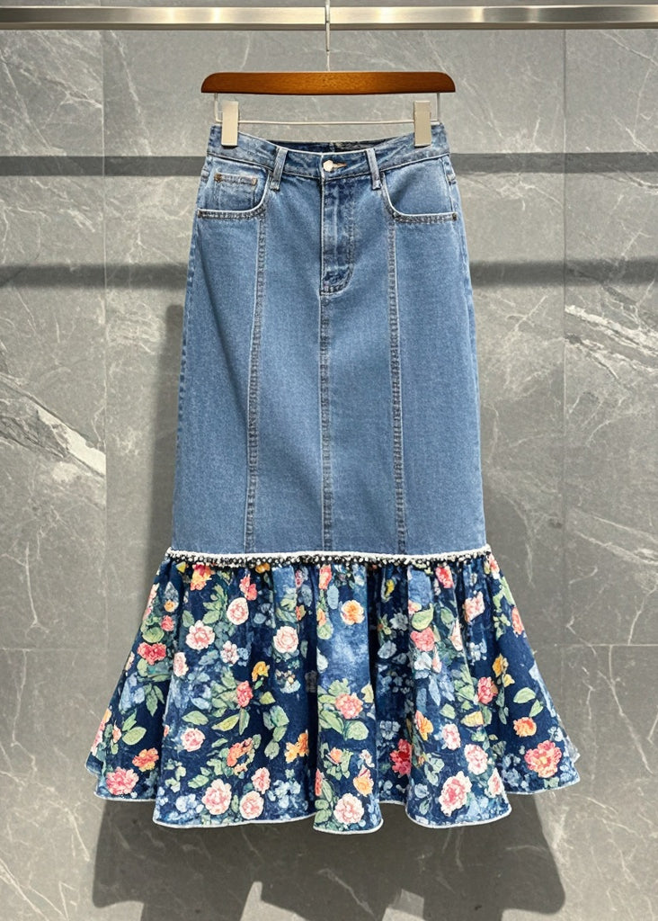Blue Patchwork Print Denim Wraped Skirt Fall
