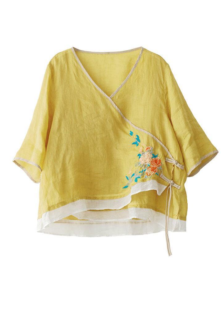 Style Yellow Embroidered Asymmetrical Design Ramie Summer Blouses