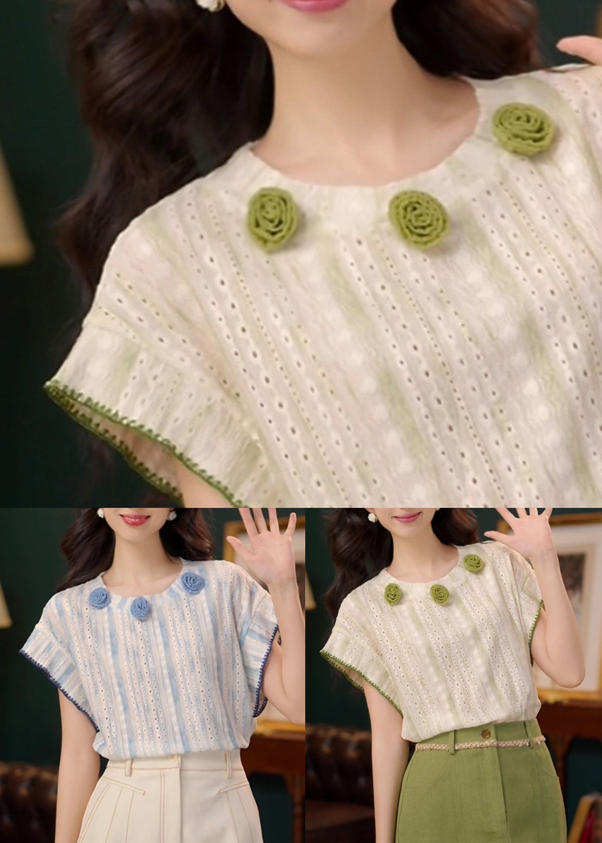 Art Blue Hollow Out Cotton T Shirt Summer
