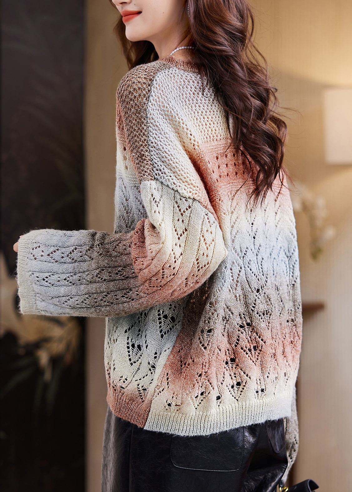 Coffee O-neck Print Cotton Knit Sweater Fall