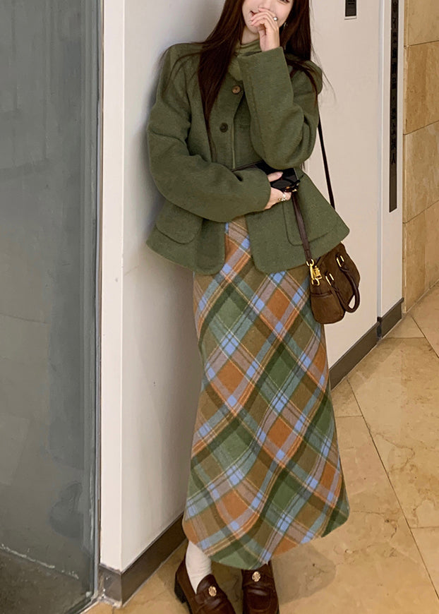 Green Pockets Woolen Coats ,top and Long Dress Three Piece Set Long Sleeve