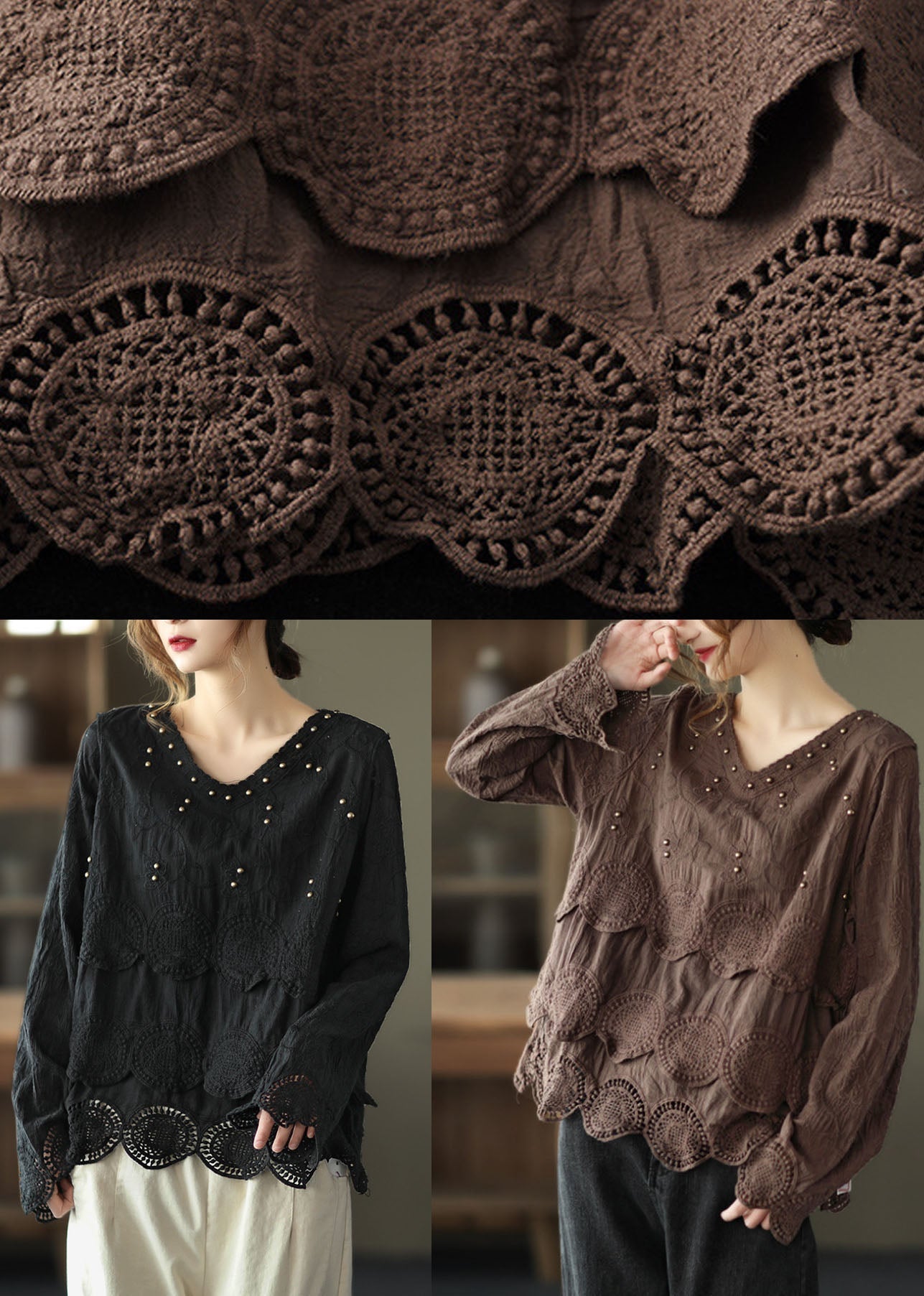 Chocolate Embroidered Hollow Out Fall Long Sleeve Shirt Tops