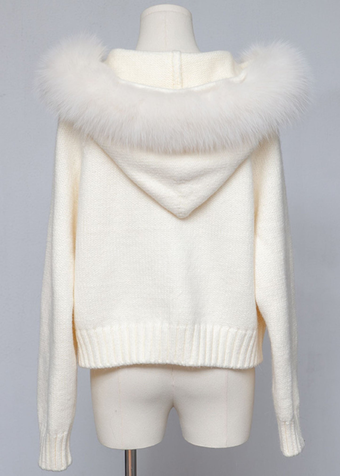 White Hooded Zippered Cozy Patchwork Knit Coat