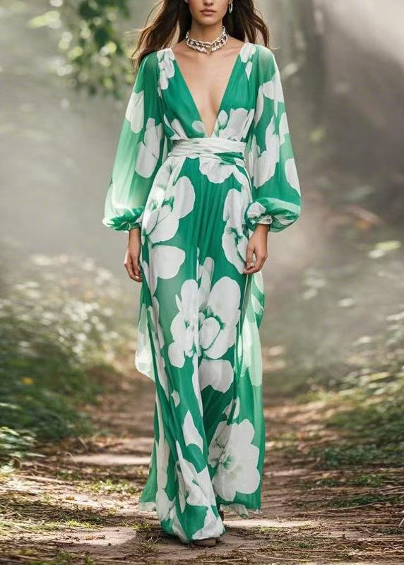 Green V Neck Print Chiffon Maxi Dress Spring