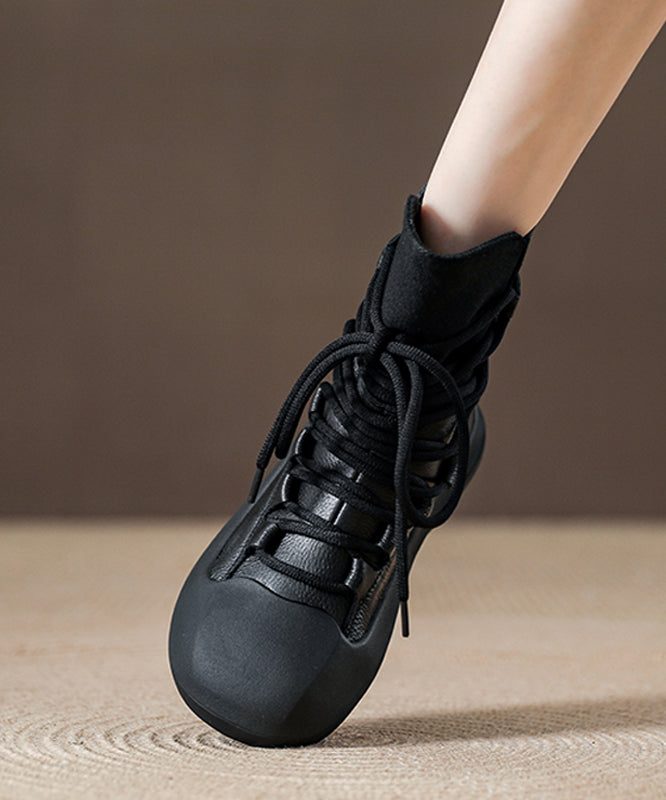 Splicing Platform Boots Black Cowhide Leather Lace Up
