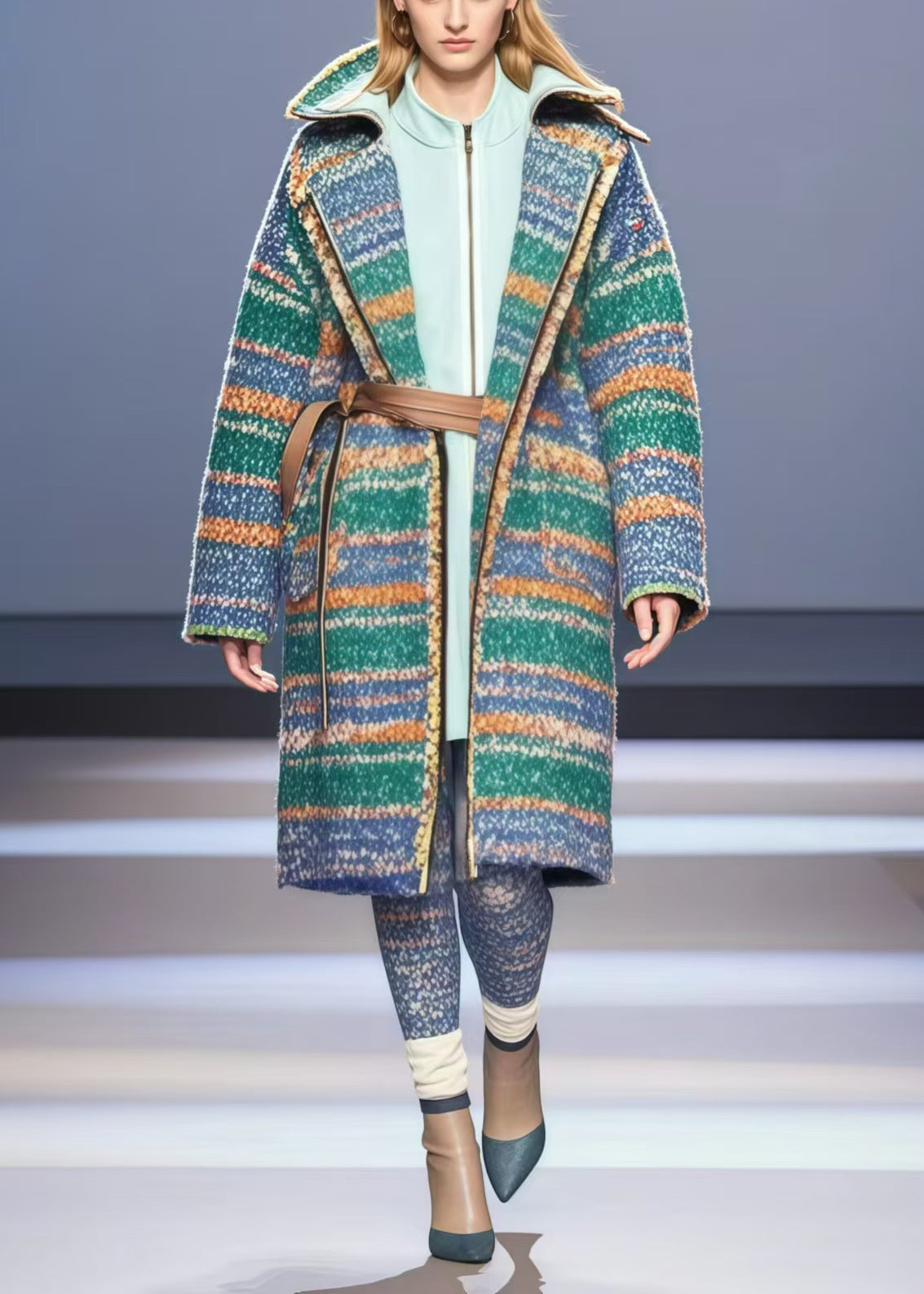 Colorblock Oversized Striped Woolen Trench Fall