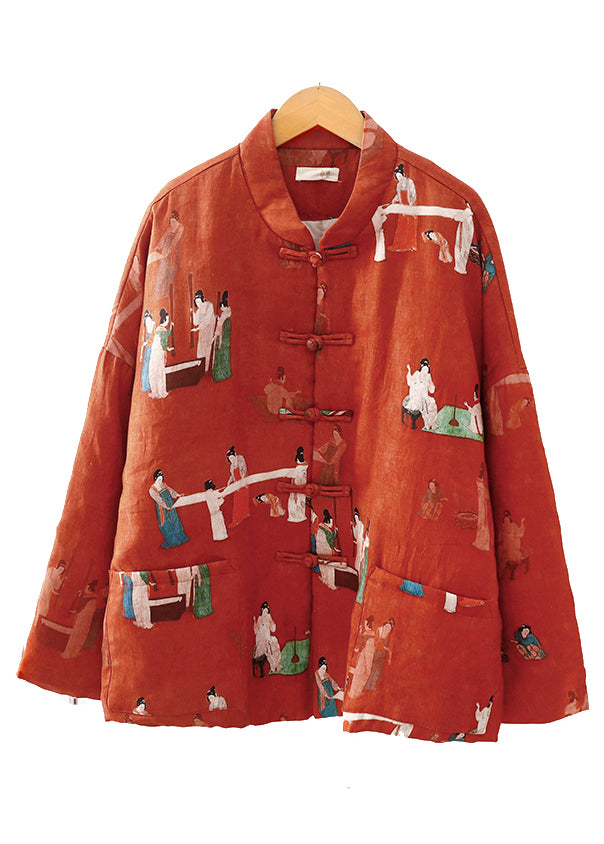 Orange Print Pockets Fine Cotton Filled Oriental Coats Winter