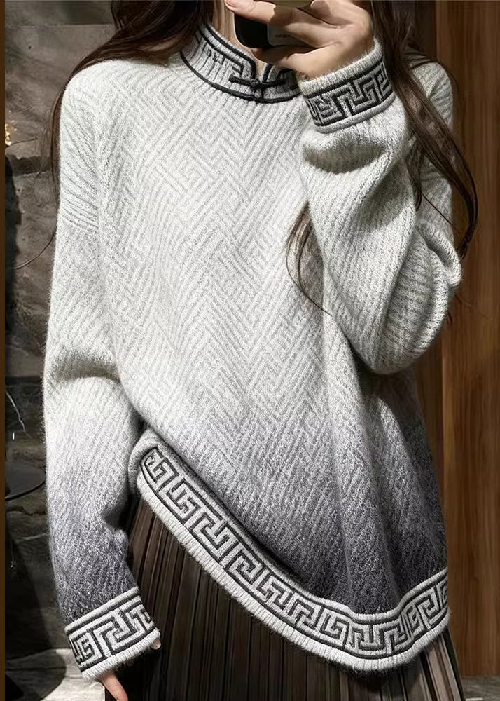 Loose Gradient Color Stand Collar Geometric Knit Sweaters Winter