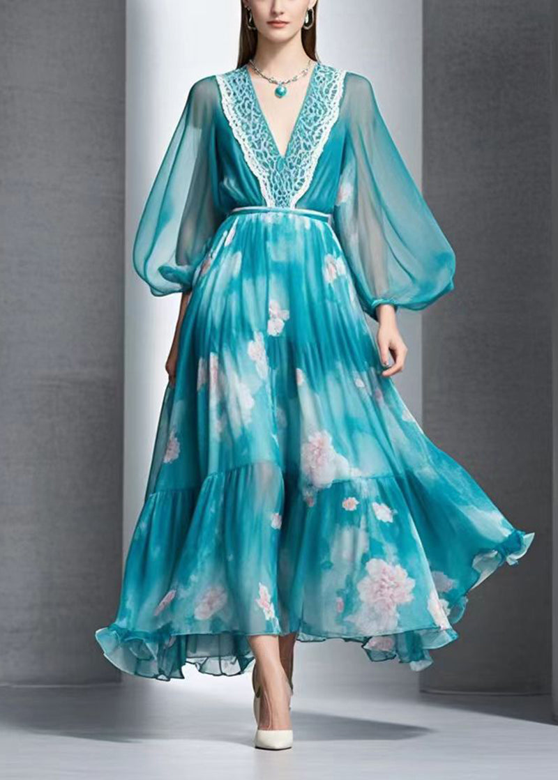 Peacock Blue Print Exra Large Hem Chiffon Long Dress Fall