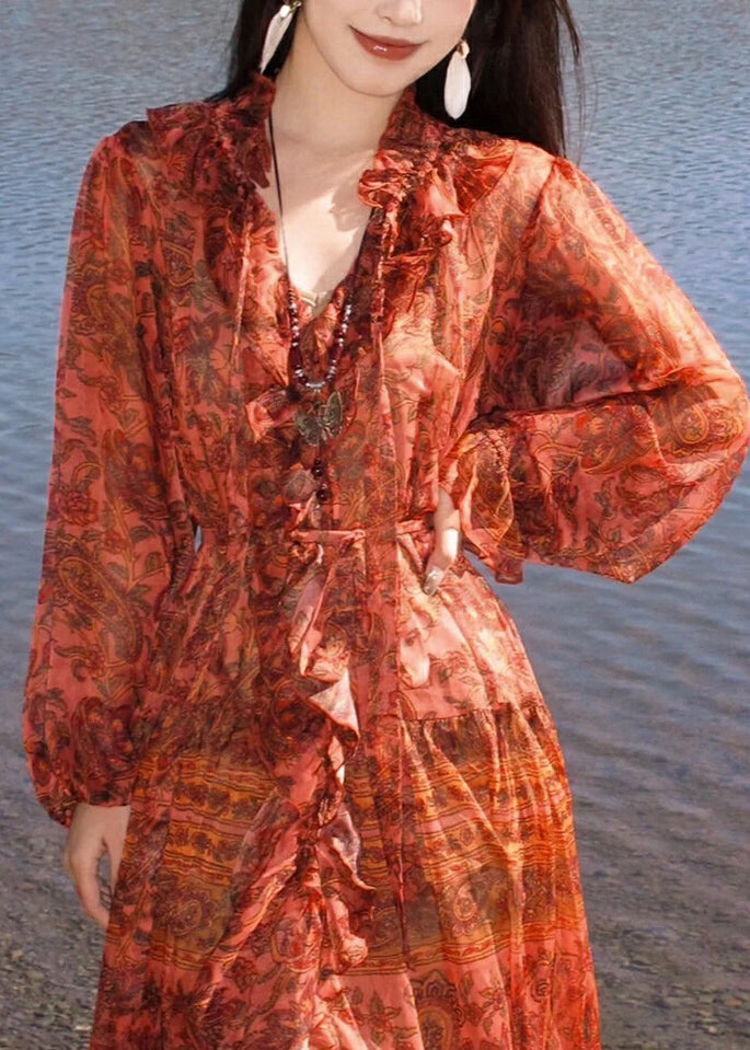 Red V Neck Ruffled Print Silk Robe Dresses Spring