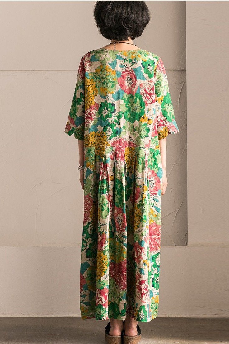 Retro Cotton Linen Flower Long Dress Summer Outfits