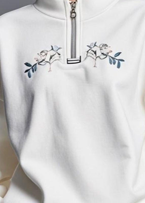Diy White Stand Collar Zippered Patchwork Fall Sweatshirts Top